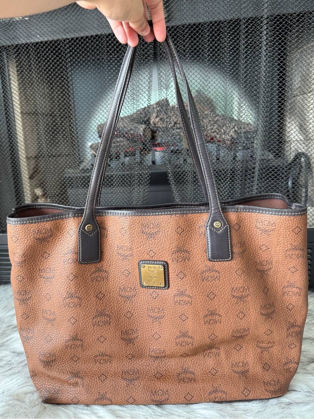 MCM Cognac Monogrammed Visetos Tote with Dark Brown Trim